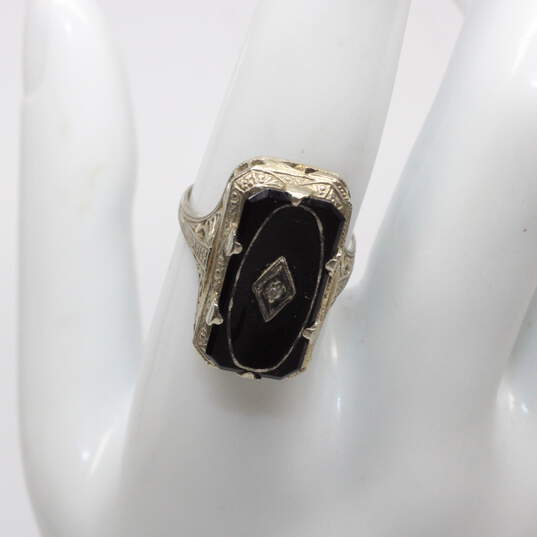 Vintage 14K White Gold Art Deco Filigree Diamond Accent Onyx Ring Size 6.5 - 3.4g image number 2