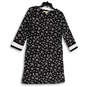 Womens Black White Floral Round Neck Long Sleeve Knee Length Shift Dress M image number 1