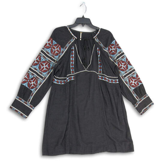 Womens Multicolor Embroidered V-Neck Long Sleeve Pleated A-Line Dress Sz M image number 1