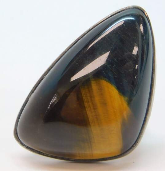 Signed Artisan 925 Blue & Brown Tigers Eye Split Triangle Cabochon Statement Ring 14.1g image number 2