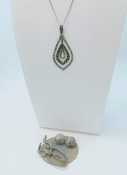 Judith Jack & West Germany 925 Marcasite Nested Teardrops Pendant Necklace Cubic Zirconia Accent Ovals Drop & Dome Clip On Earrings 22.7g