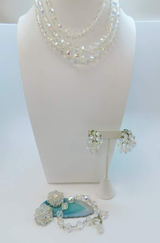 Vintage Aurora Borealis Crystal Necklaces Bracelet & Silver Tone Clip On Earrings 139.6g image number 1