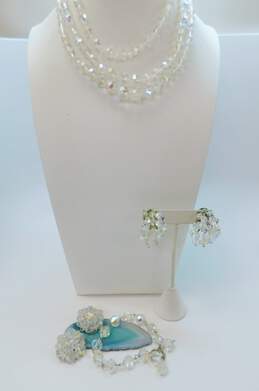 Vintage Aurora Borealis Crystal Necklaces Bracelet & Silver Tone Clip On Earrings 139.6g