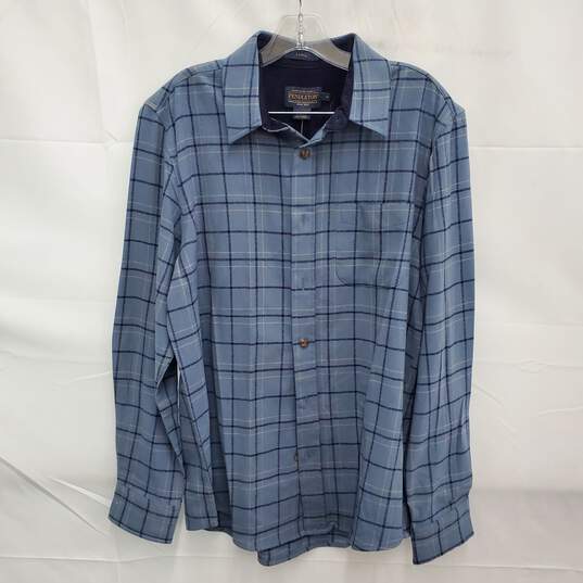 NWT Pendleton MN's Ultra Luxe Merino Blue Gray Plaid Long Sleeve Shirt Size M image number 1