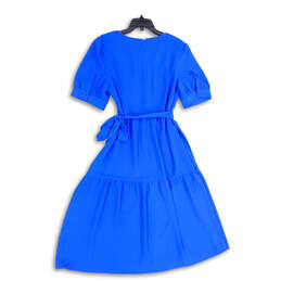 NWT Womens Blue Pleated V-Neck Tie Waist Back Zip Fit & Flare Dress Size 16 alternative image