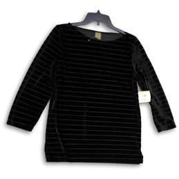 NWT Womens Black Striped Round Neck 3/4 Sleeve Pullover Blouse Top Size M