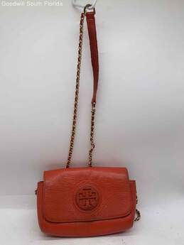 Tory Burch Womens Red Orange Leather Chain Strap Magnetic Flap Crossbody Bag