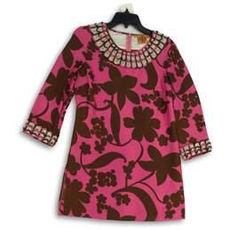 Womens Pink Floral Embellished Long Sleeve Round Neck Mini Dress Size 6
