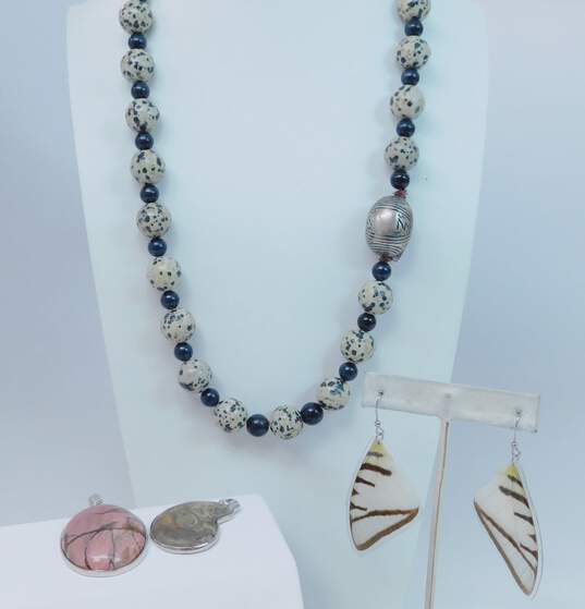 Boho Artisan Butterfly Wing Earrings & Ammonite Dalmatian Jasper Multi Stone Pendants & Necklace 132.6g image number 1