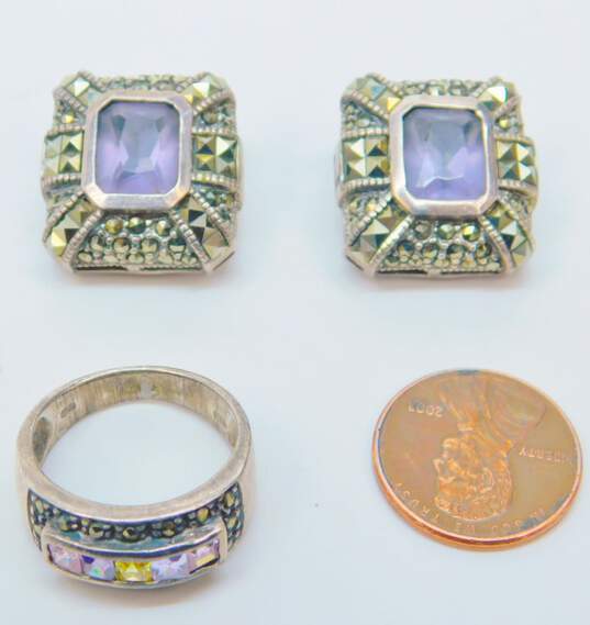 Romantic 925 Faceted Purple Glass & Marcasite Rectangle Clip On Earrings & Colorful Cubic Zirconia Band Ring 22g image number 5