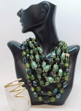 Vintage Green & Iridescent Beaded Multi Strand Necklaces & Gold Tone Squiggle Brooch 111.6g