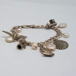 Sterling Fw Pearl Ocean Motif & Charms 6 1/2 Inch Bracelet 25.9g