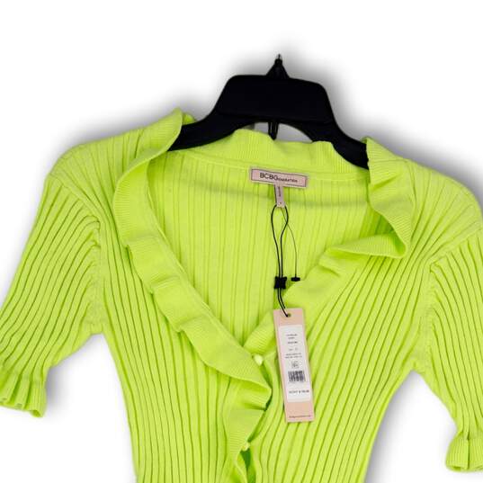 NWT Womens Green Ribbed Ruffle Button Front Cropped Cardigan Sweater Size S image number 3