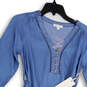 NWT Womens Blue V-Neck Long Sleeve Belted Denim Shift Dress Size Small image number 3