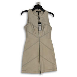 NWT Womens Beige Sleeveless Round Neck Front Zip A-Line Dress Size 0