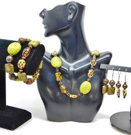 Artisan 925 Green Glass Bronzite & Jasper Bead Necklace Earrings & Bracelets Set