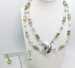 Artisan Sterling Silver Abalone Pendant Glass Beaded Multi Strand Necklace & Serpentine Drop Earrings 71.4g
