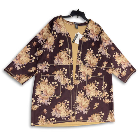 NWT Womens Beige Purple Floral 3/4 Sleeve Open Front Jacket Size 2x image number 1