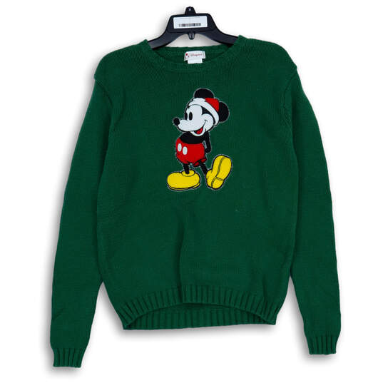 Womens Green Knitted Mickey Mouse Christmas Santa Pullover Sweater Size M image number 1