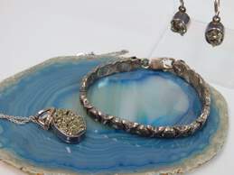 Sterling Silver Pyrite Necklace & Earrings Set & XOXO Bracelet 27.7g