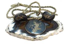 Vintage Siam Sterling Silver Black Enamel Etched Necklace & Screw Back Earrings 31.4g