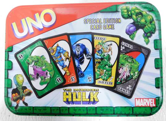 Uno The Incredible Hulk Marvel Card Game W/ Tin Can image number 1