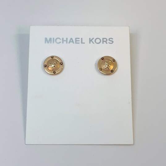 Designer Michael Kors Gold-Tone MK Logo Button Fashionable Stud Earrings image number 1