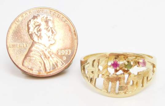 10K Gold Ruby Pink Sapphire & Green Tourmaline Number 1 Mom Etched Band Ring 2.6g image number 5