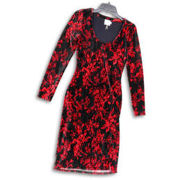 Womens Red Black Floral Velvet Long Sleeve Scoop Neck Sheath Dress Size XS