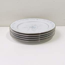 Bundle of 5 Noritake Contemporary Fine China Carolyn Floral White, Blue, And Silver Salad Plates