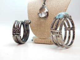 Gun Metal Tone Clear Blue Glass & Rhinestone Bangle Bracelets & Pendant Necklace 218.0g