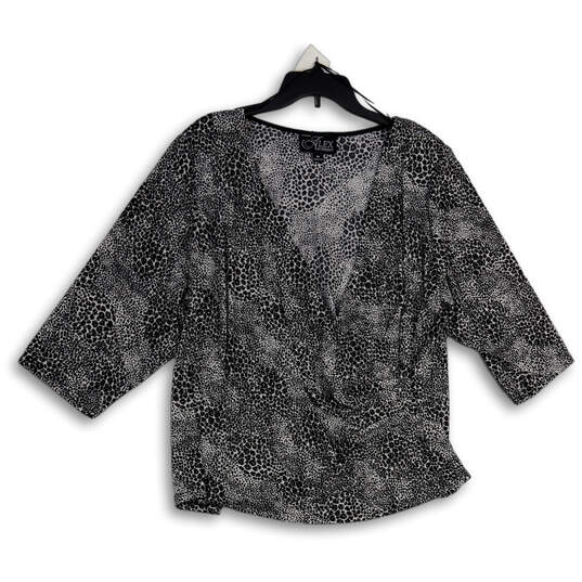 Womens Black White Animal Print 3/4 Sleeve V-Neck Pullover Blouse Top Sz 3X image number 3
