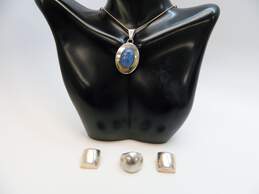 Ella Peter Navajo & Artisan 925 Denim Lapis Cabochon Pendant Necklace Puffed Square Clip On Earrings & Modernist Dome Ring 21.5g