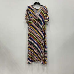 Womens Multicolor Striped V-Neck Short Sleeve Pullover A-Line Dress Size 20