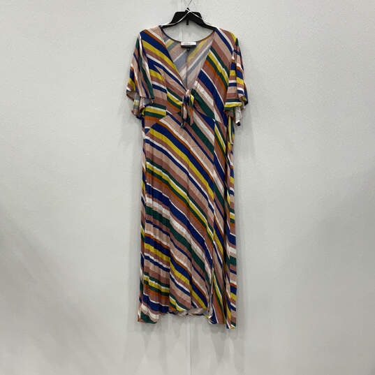 Womens Multicolor Striped V-Neck Short Sleeve Pullover A-Line Dress Size 20 image number 1