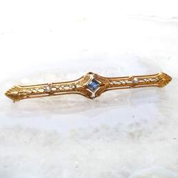 Vintage 14K Yellow Gold Seed Pearl Accent Blue Topaz Filigree Brooch alternative image