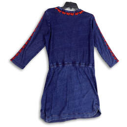 Womens Blue Split Neck 3/4 Sleeve Embroidered Pullover Shift Dress Size M alternative image
