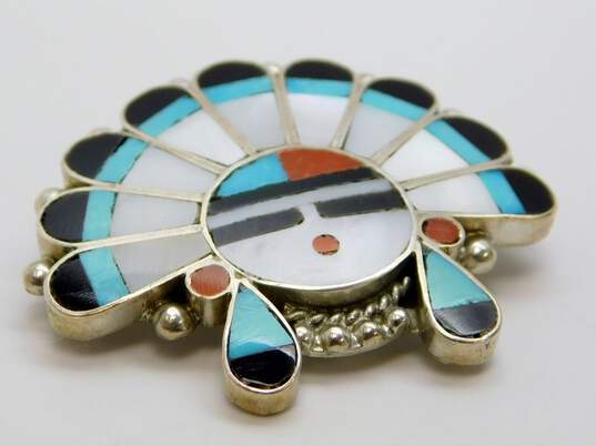J&M Zuni Sunface Sterling Silver Stone Inlay Pendant Brooch 7.8g image number 2