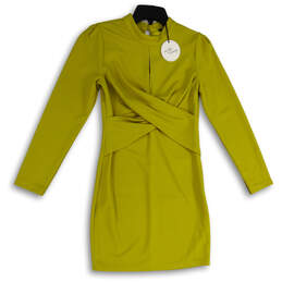 NWT Womens Yellow Pleated Keyhole Neck Long Sleeve Sheath Dress Size S