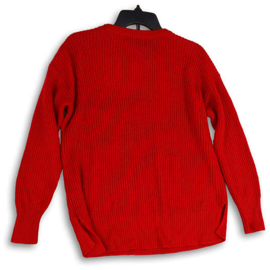 Womens Red Long Sleeve Knitted Crew Neck Pullover Sweater Size Medium image number 2