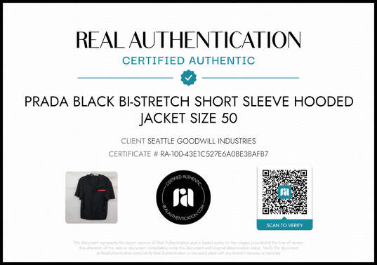 Prada Men's Black Bi-Stretch Short Sleeve Hooded Jacket Size 50 - AUTHENTICATED image number 2