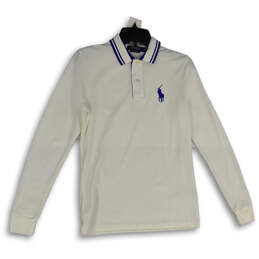Mens Blue White Spread Collar Long Sleeve Golf Polo Shirt Size Medium