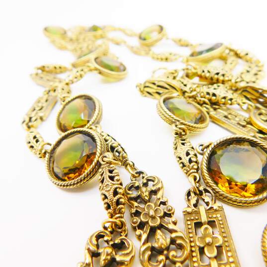 Vintage Accessocraft NYC Ornate Gold Tone & Green Rhinestone Necklace 95.2g image number 3