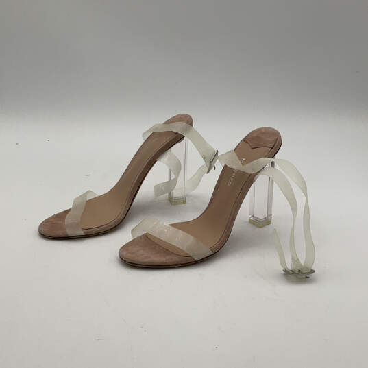 Womens Beige PVC Suede Open Toe Clear Buckle Strappy Heels Size 7.5 image number 3