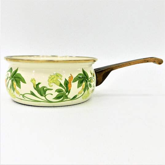 Vintage Asta Sweet Honeysuckle Vine Art Nouveau Style German Enamelware 7in Pot With Lid image number 2