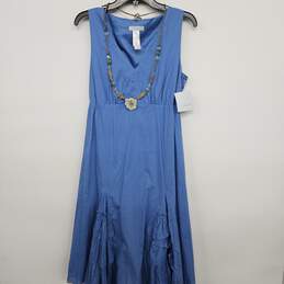 Blue Sleeveless V Neck Ruffled Dress With Aquatic Jewel