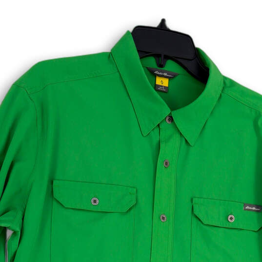 Womens Green Long Sleeve Pockets Collared Button-Up Shirt Size Large image number 3