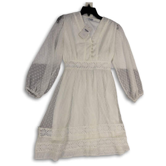 NWT Womens White Floral Lace Long Balloon Sleeve V Neck A-Line Dress Size 3 image number 1