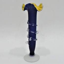Murano Blue Yellow & Clear Frosted Glass Ruffled Vase