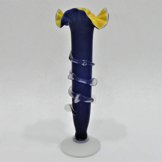 Murano Blue Yellow & Clear Frosted Glass Ruffled Vase image number 1